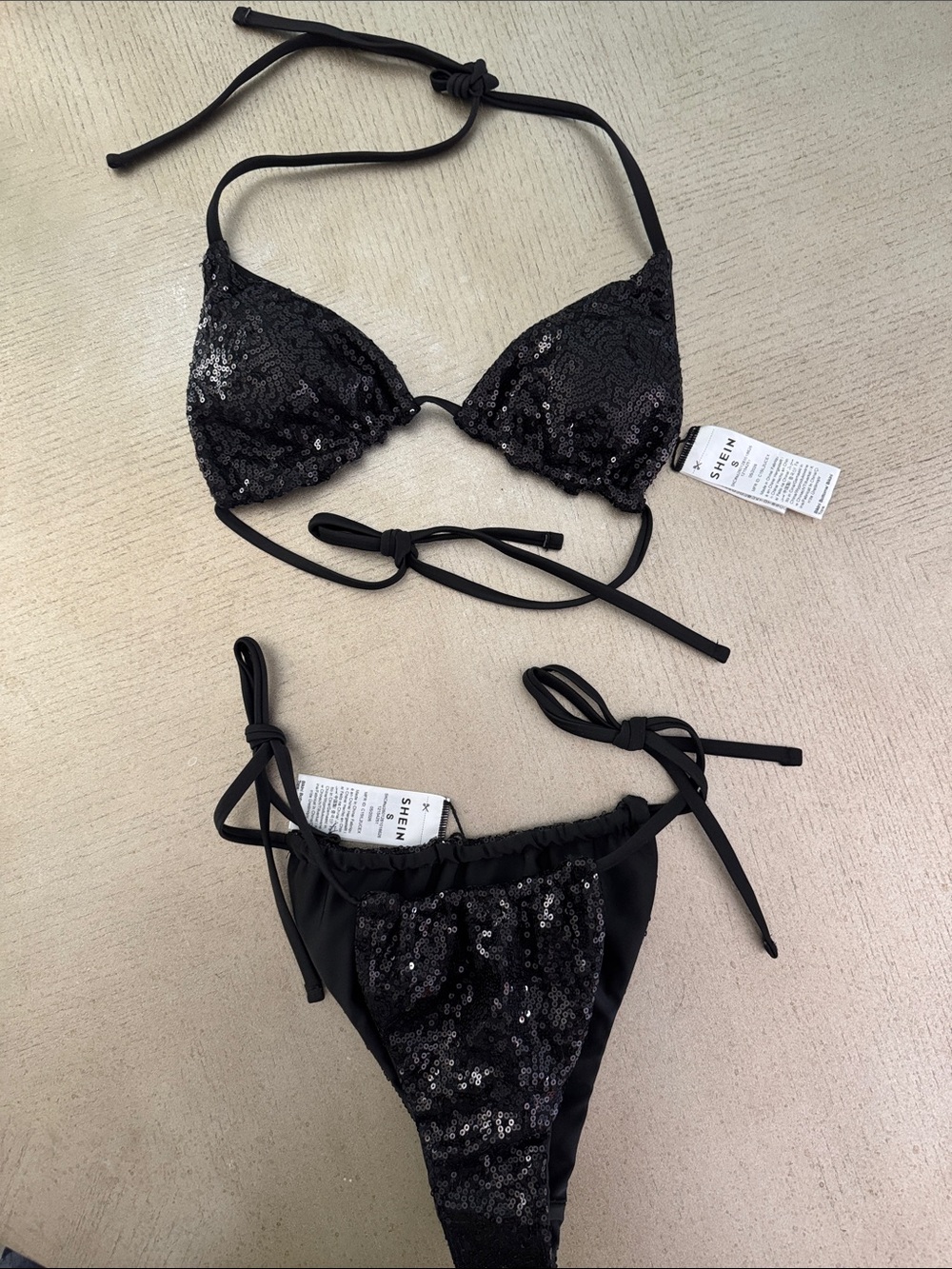 SHEIN Black Sequin Triangle Bikini Set